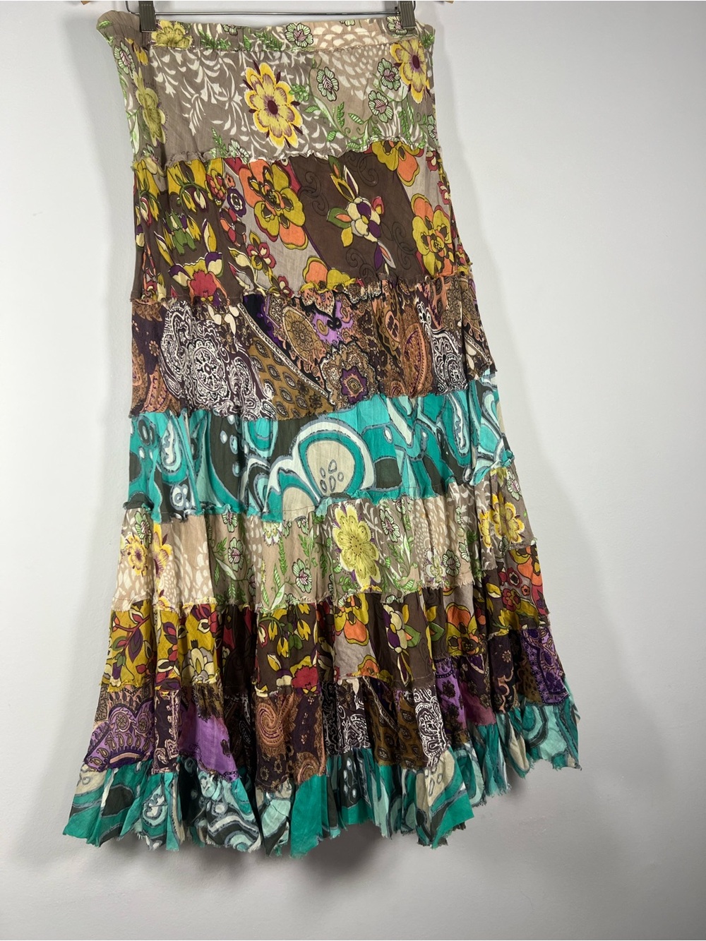 Planet Gold Tiered Mixed Media Hippie Festival Boho Maxi Skirt Cotton Medium - Picture 4 of 6
